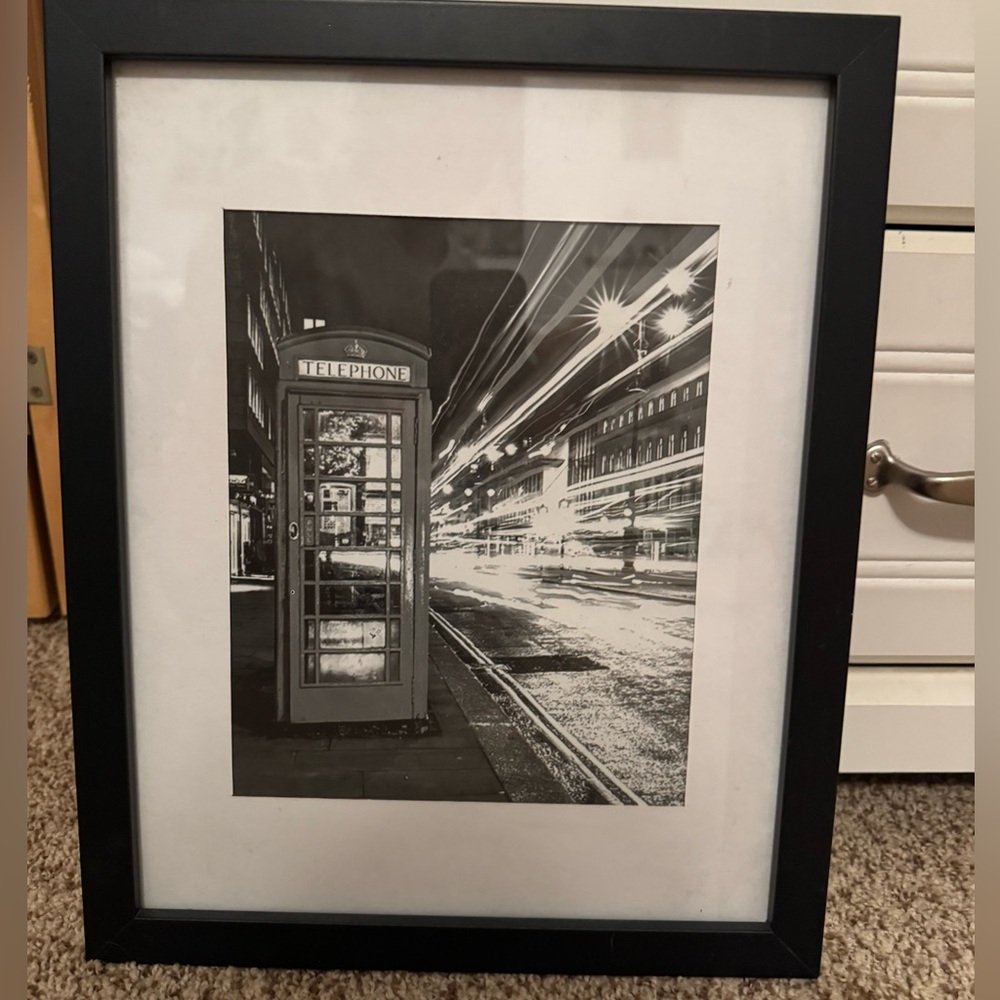 Black Framed Urban London Telephone Booth Art Print Black & White